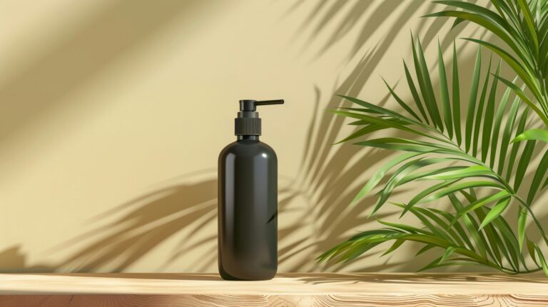 A black pump bottle on a wooden surface with tropical leaves casting shadows.